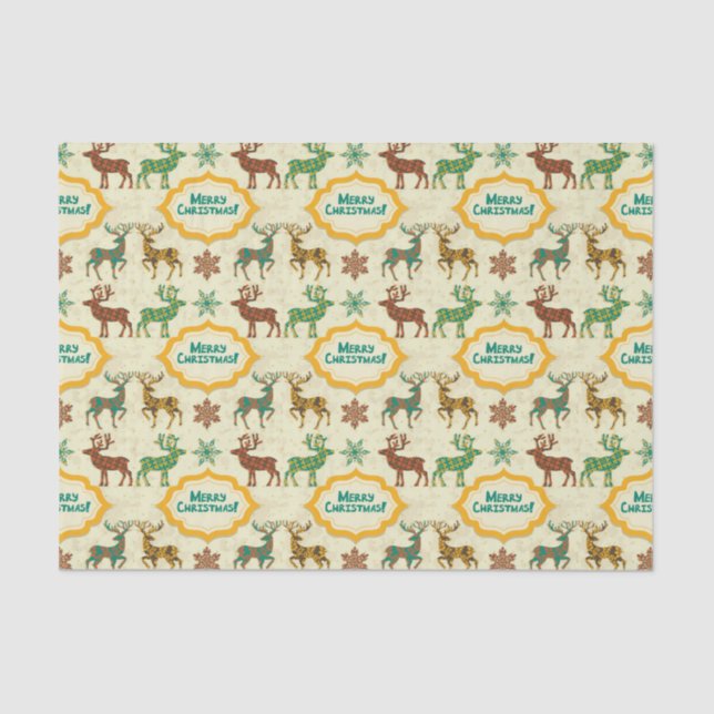 Colourful Retro Rain-Deer Merry Christmas Tissue Paper (Front)