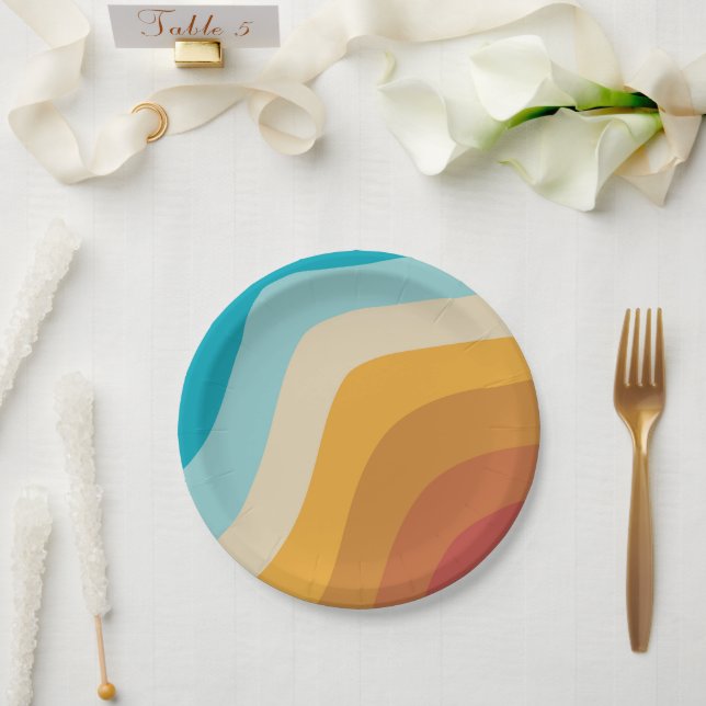 Colourful Retro Rainbow Abstract Waves Paper Plate (Wedding)