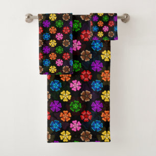 Colourful Retro Rainbow Flowers Design Black  Bath Towel Set