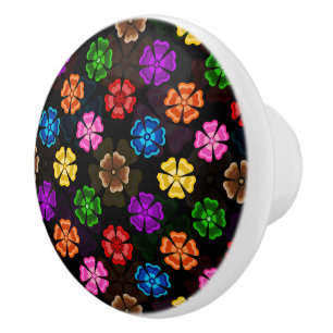 Colourful Retro Rainbow Flowers Design Black Ceramic Knob