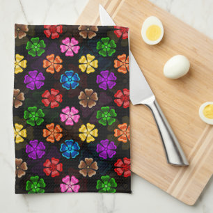 Colourful Retro Rainbow Flowers Design Black Kitchen Towel