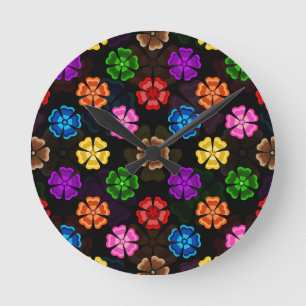 Colourful Retro Rainbow Flowers Design Black Round Clock