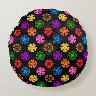 Colourful Retro Rainbow Flowers Design Black Round Pillow