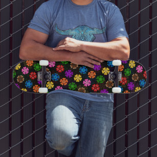 Colourful Retro Rainbow Flowers Design Black  Skateboard