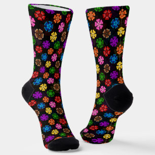 Colourful Retro Rainbow Flowers Design Black Socks