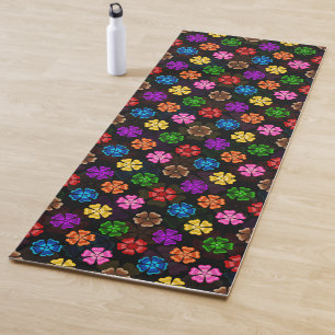 Colourful Retro Rainbow Flowers Design Black Yoga Mat