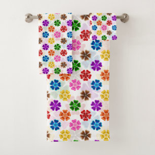 Colourful Retro Rainbow Flowers Design White  Bath Towel Set