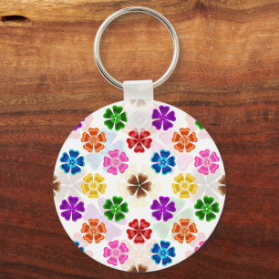 Colourful Retro Rainbow Flowers Design White Keychain