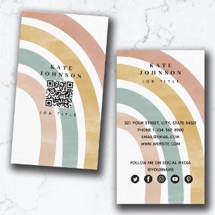 Colourful Retro Rainbow QR Code Social Media  Business Card