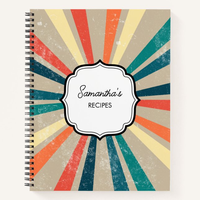 Colourful Retro Rainbow Sunburst Cookbook Notebook (Front)