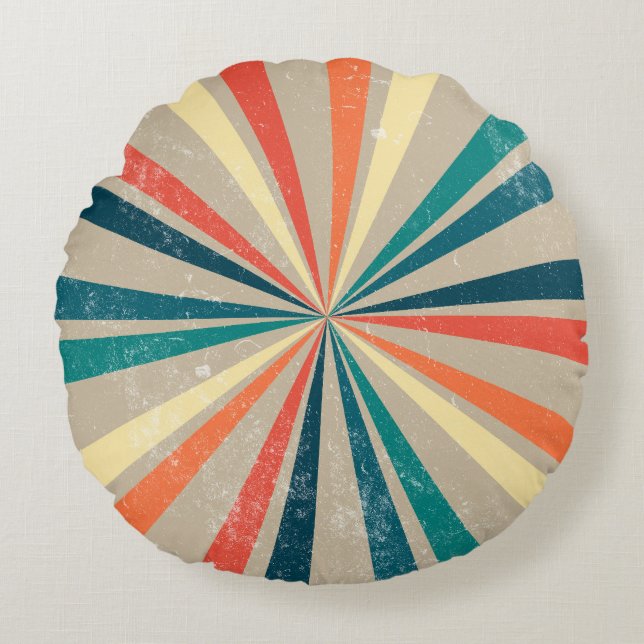 Colourful Retro Rainbow Sunburst Round Pillow (Front)
