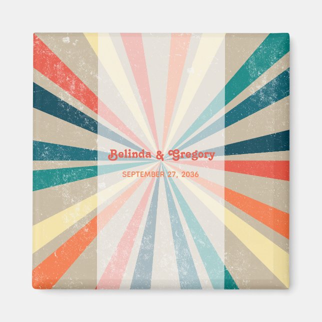 Colourful Retro Rainbow Sunburst Wedding Magnet (Front)