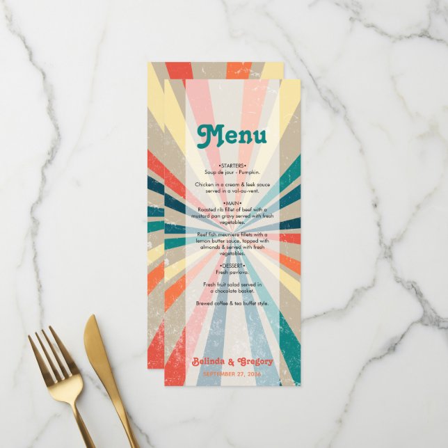 Colourful Retro Rainbow Sunburst Wedding Menu (Front/Back In Situ)