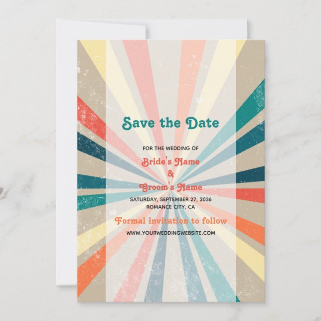 Colourful Retro Rainbow Sunburst Wedding Save The Date (Front)