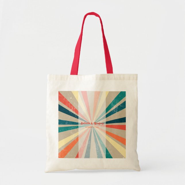 Colourful Retro Rainbow Sunburst Wedding Tote Bag (Front)