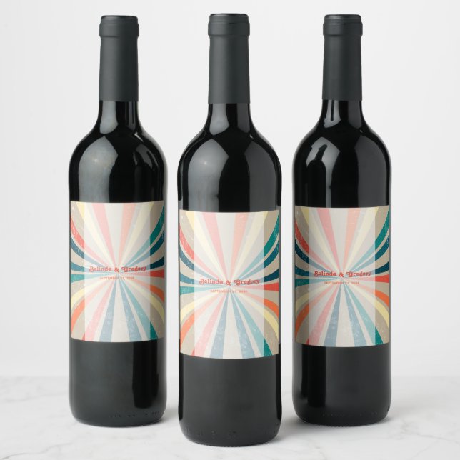 Colourful Retro Rainbow Sunburst Wedding Wine Label (Bottles)