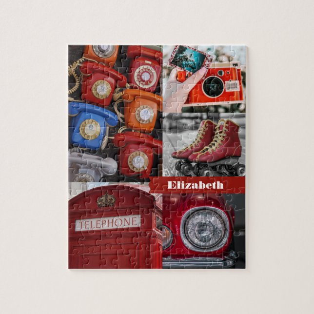 Colourful Retro Red Aesthetic Photo Collage Name Jigsaw Puzzle (Vertical)