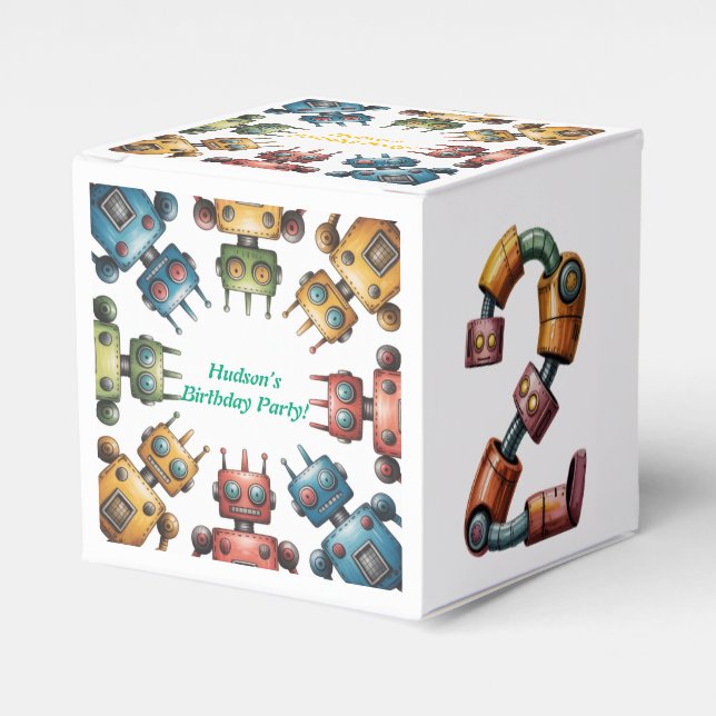 Colourful Retro Robots 2nd Boy Birthday Party  Favor Box (Front Side)