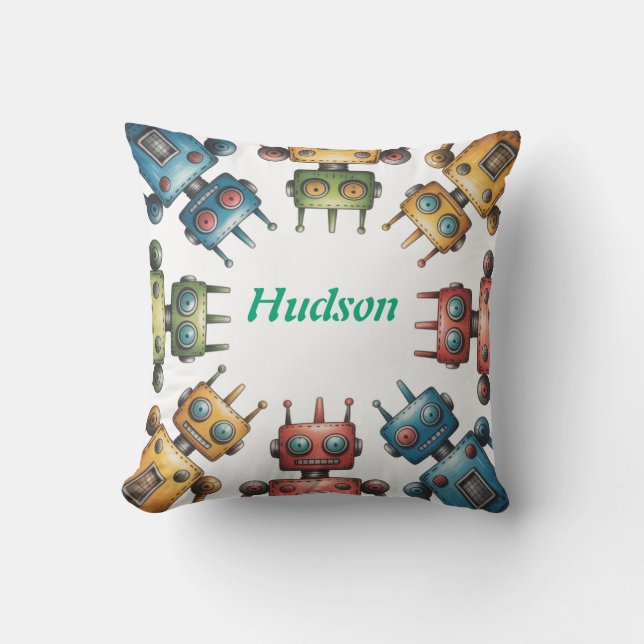 Colourful Retro Robots Boy Birthday Party Gift Throw Pillow (Front)