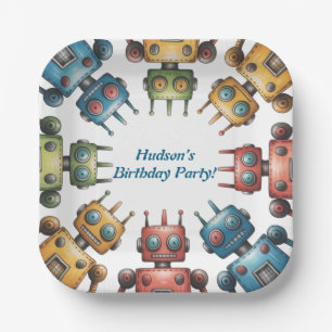 Colourful Retro Robots Boy Birthday Party Paper Plate