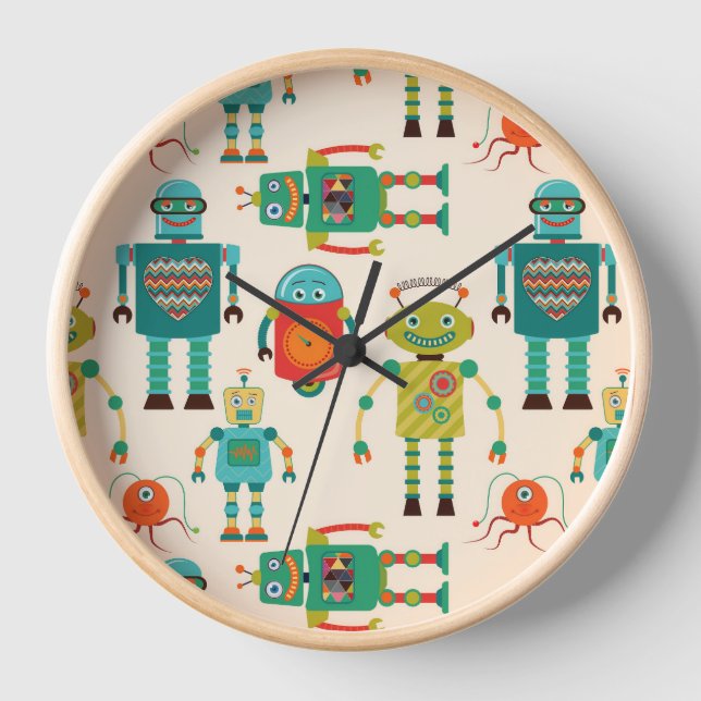 Colourful Retro Robots Pattern Clock (Front)