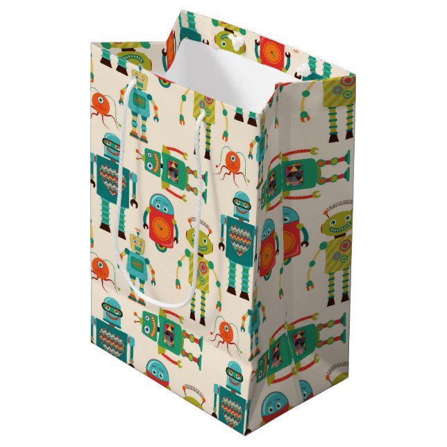 Colourful Retro Robots Pattern Medium Gift Bag (Front Angled)