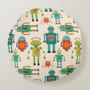Colourful Retro Robots Pattern Round Pillow