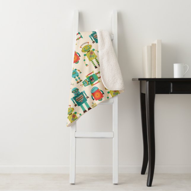 Colourful Retro Robots Pattern Sherpa Blanket (In Situ)