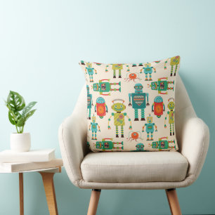 Colourful Retro Robots Pattern Throw Pillow