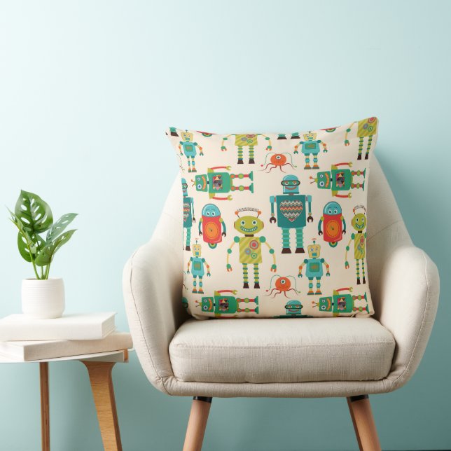 Colourful Retro Robots Pattern Throw Pillow (Chair)
