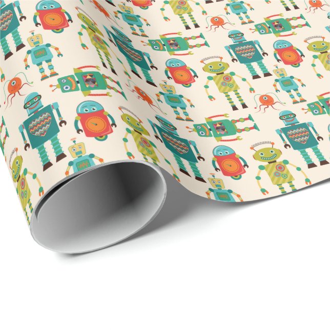 Colourful Retro Robots Pattern Wrapping Paper (Roll Corner)