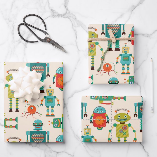 Colourful Retro Robots Pattern Wrapping Paper Sheet (Front)