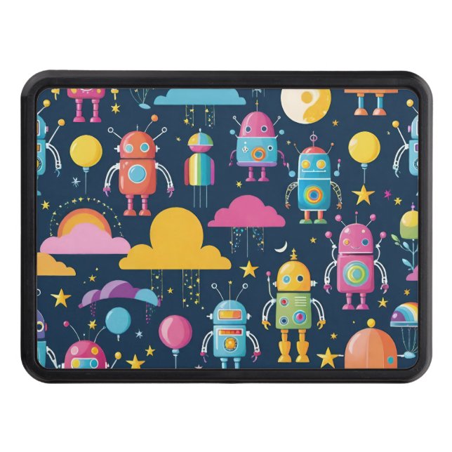 Colourful Retro Robots Trailer Hitch Cover (Front)