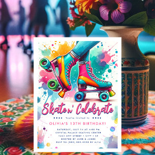 Colourful Retro Roller Skate Birthday Postcard