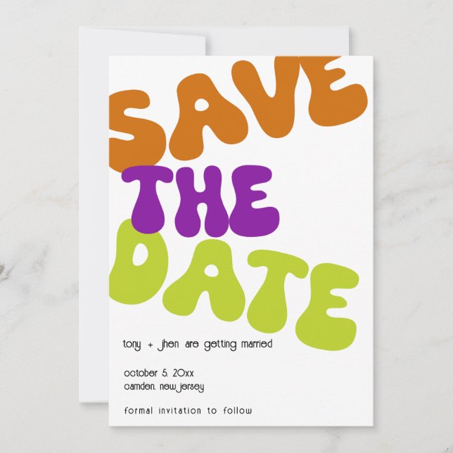 Colourful Retro Save the Date Wedding Announcement (Front)