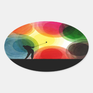 Colourful Retro Silhouette Golfer Oval Sticker