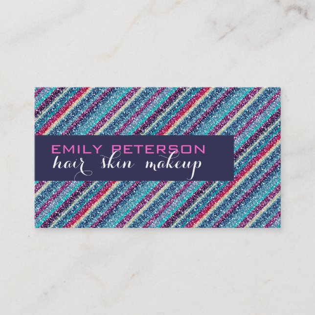 Colourful Retro Stripes Glitter Pattern 2 Blue Tin Business Card (Front)