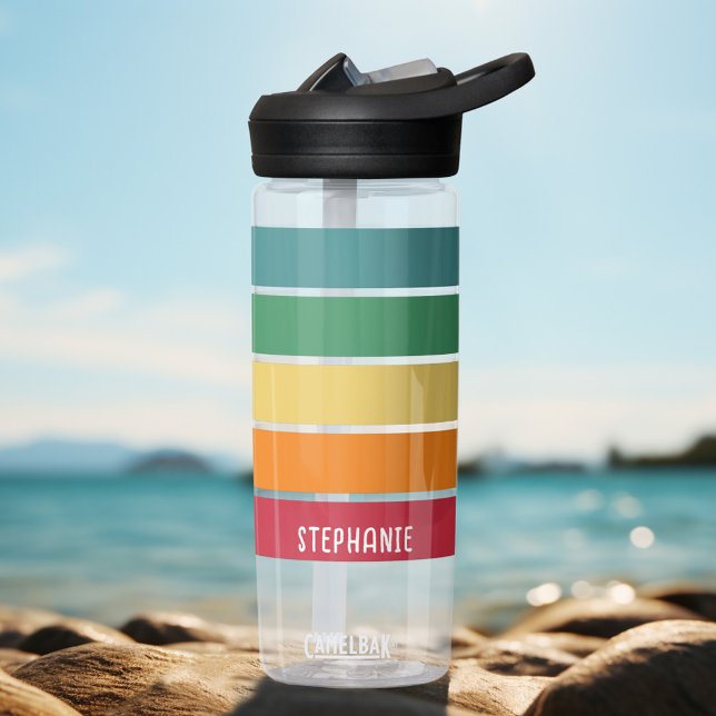 Colourful Retro Stripes - Rainbow - Block Name Water Bottle (Personalized water bottle with retro stripes and your name)