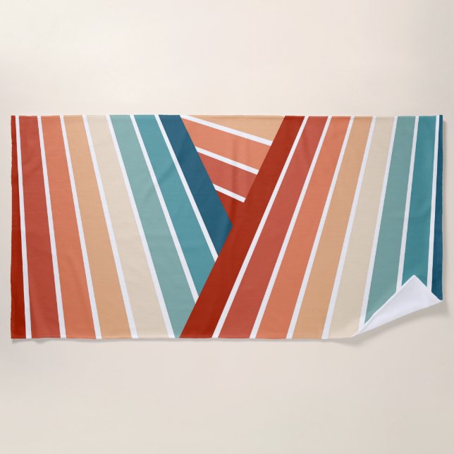 Colourful retro style diagonal rainbow design beach towel (Front)