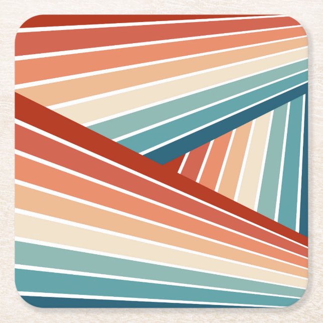 Colourful retro style diagonal rainbow design square paper coaster (Front)