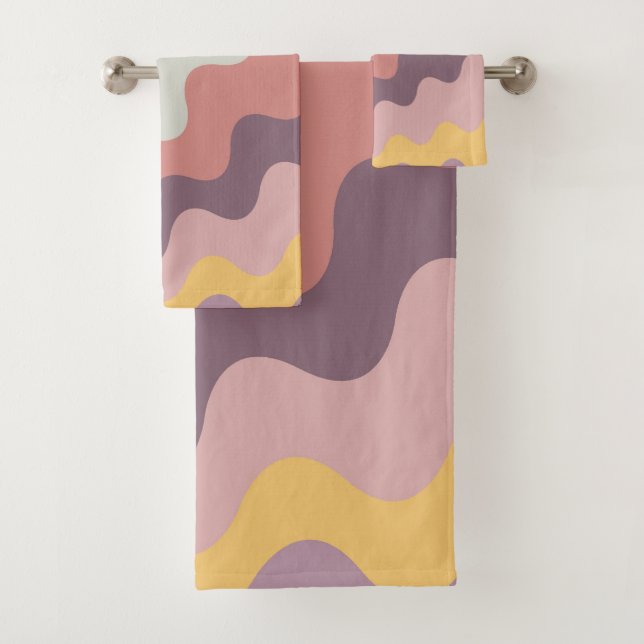 Colourful retro style diagonal waves bath towel set (Insitu)