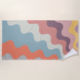 Colourful retro style diagonal waves beach towel