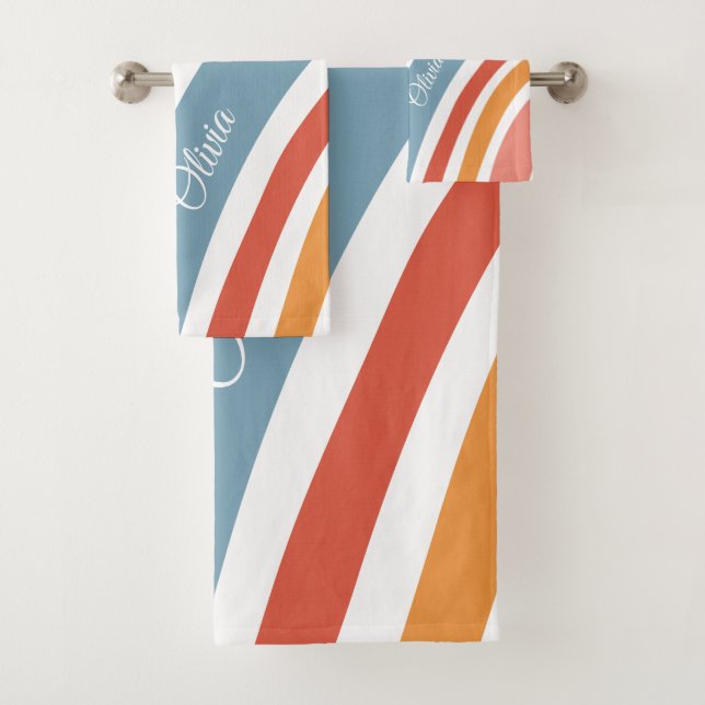 Colourful retro style rainbow design bath towel set (Insitu)