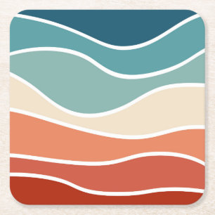 Colourful retro style waves square paper coaster