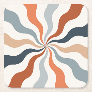 Colourful retro style wavy sun rays  square paper coaster