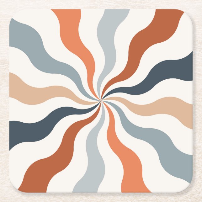 Colourful retro style wavy sun rays  square paper coaster (Front)