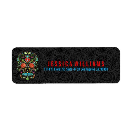 Colourful Retro Sugar Skull 3 On Black Damasks Return Address Label