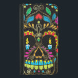 Colourful Retro Sugar Skull Glitter Accents Samsung Galaxy S5 Wallet Case<br><div class="desc">Cool colourful retro floral sugar skull glitter texture look with gold tones accents with burning candles for eyes. Black background</div>