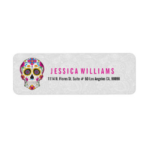 Colourful Retro Sugar Skull On White Damasks Label
