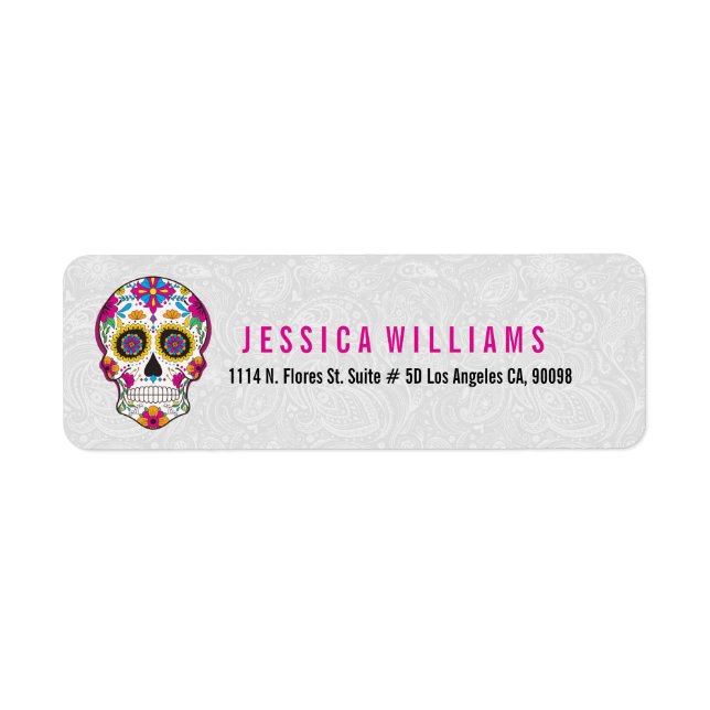 Colourful Retro Sugar Skull On White Damasks Label (Front)